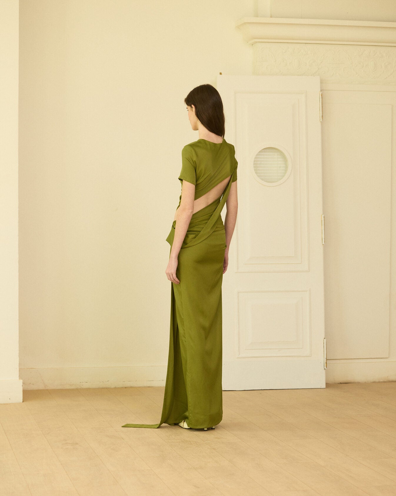 Green asymmetrical knit long dress