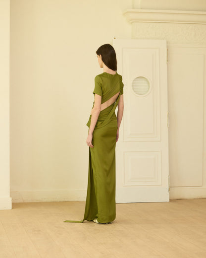 Green asymmetrical knit long dress