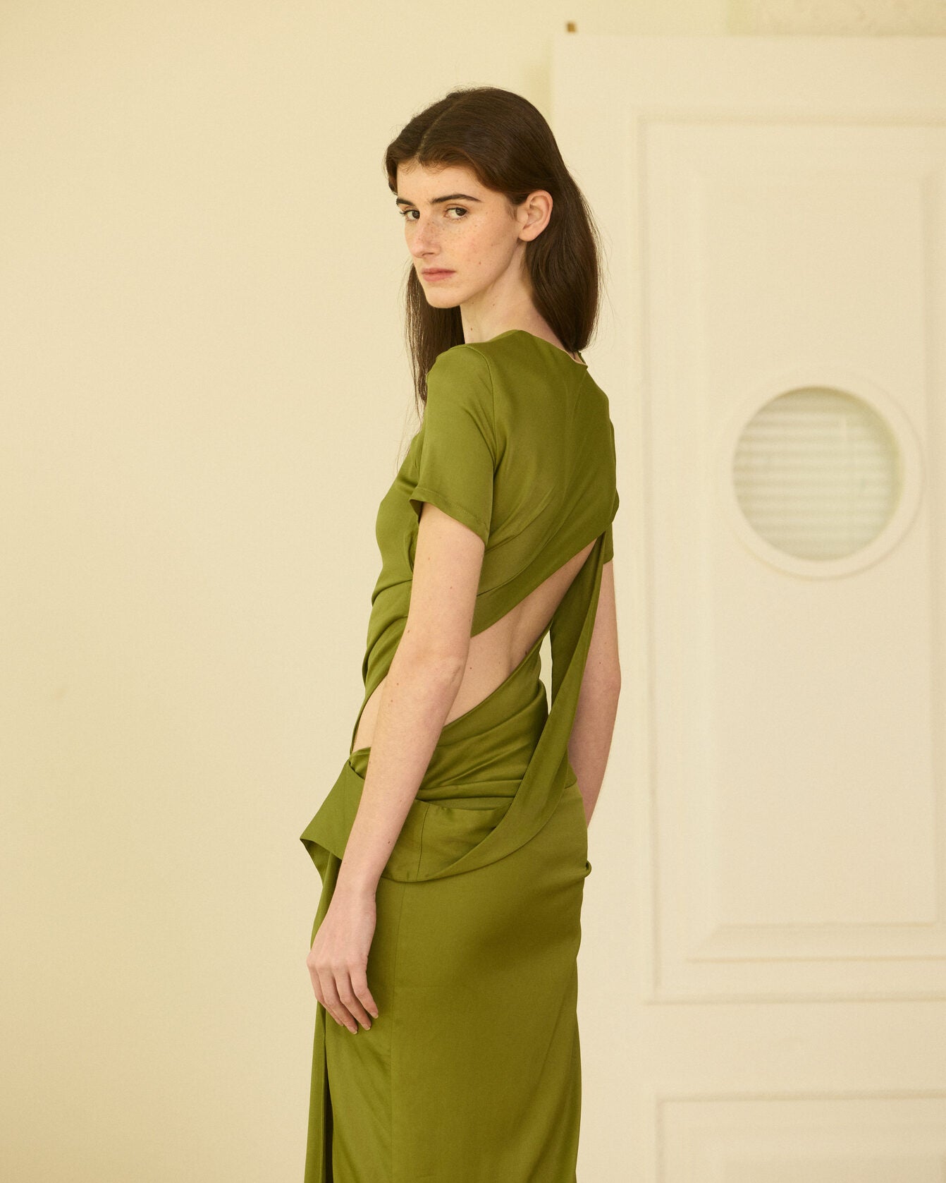 Green asymmetrical knit long dress