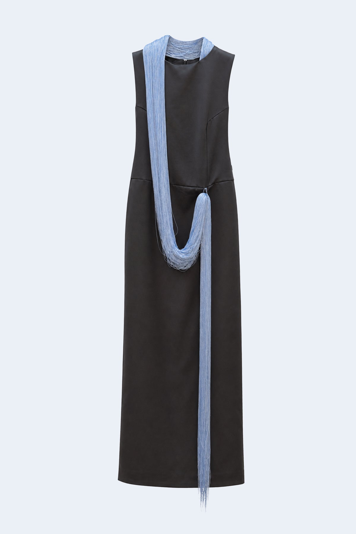 Straight-cut grey dress with long blue fringes