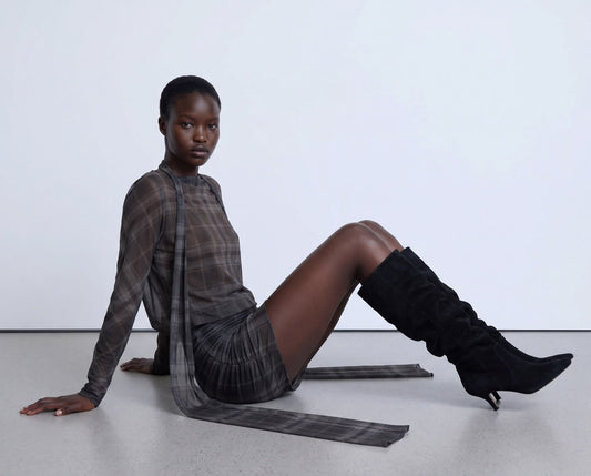 Sheer grey checked mini dress