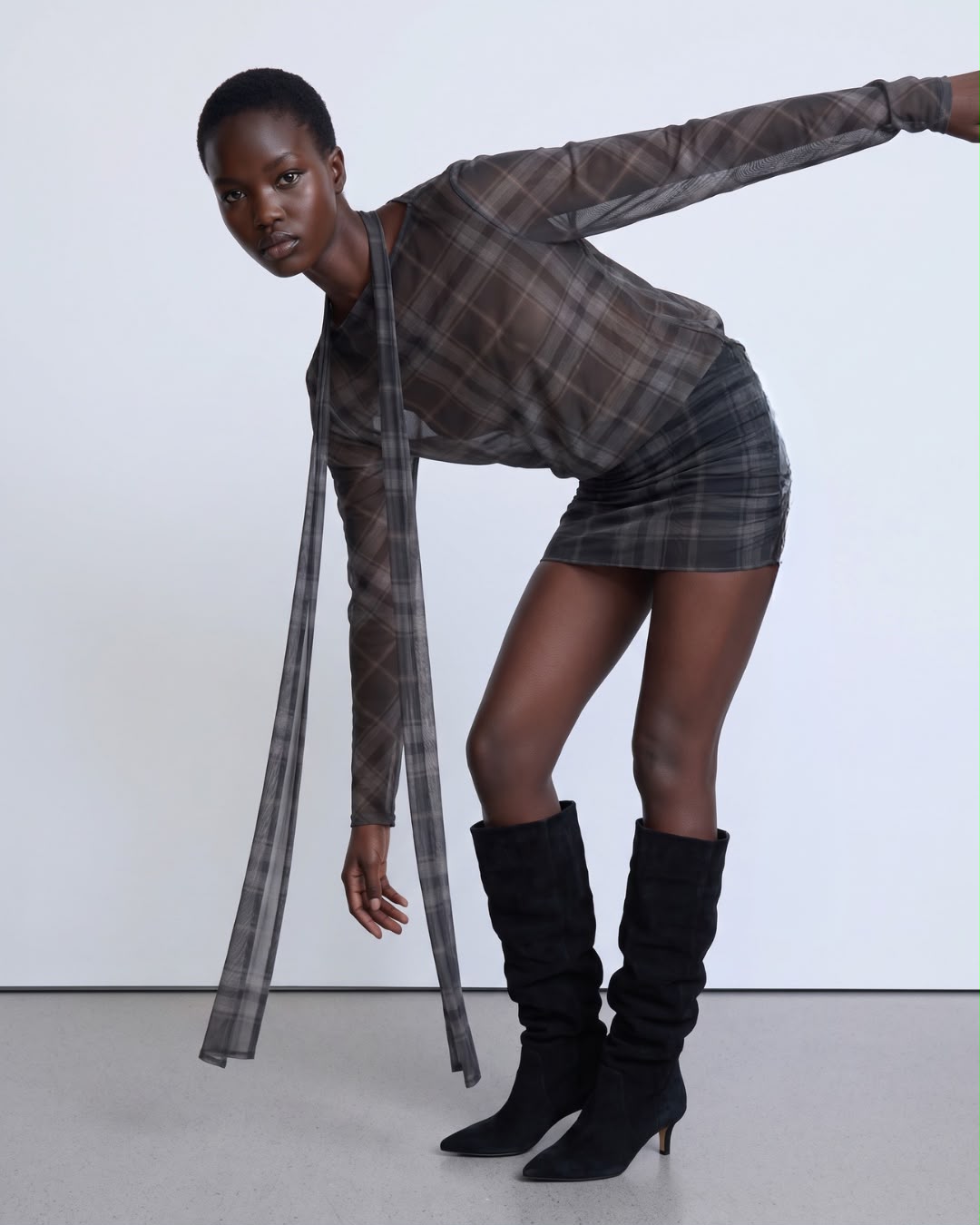Sheer grey checked mini dress