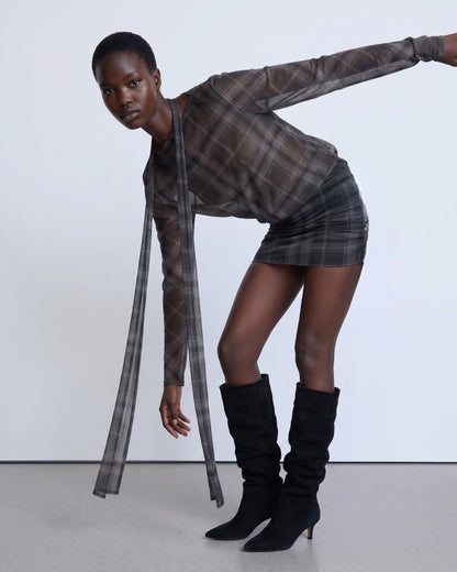 Sheer grey checked mini dress