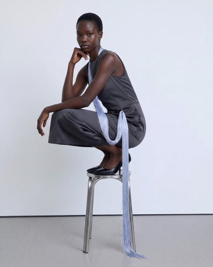 Straight-cut grey dress with long blue fringes