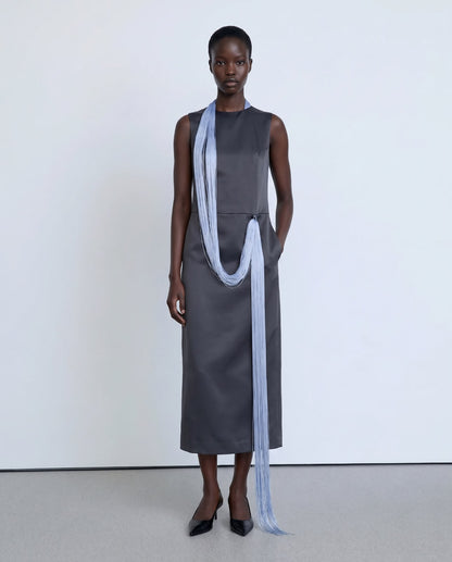 Straight-cut grey dress with long blue fringes