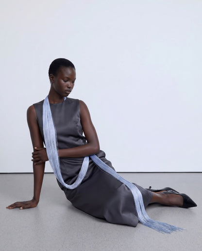 Straight-cut grey dress with long blue fringes
