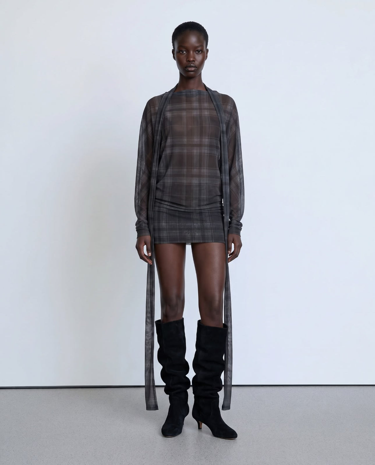 Sheer grey checked mini dress