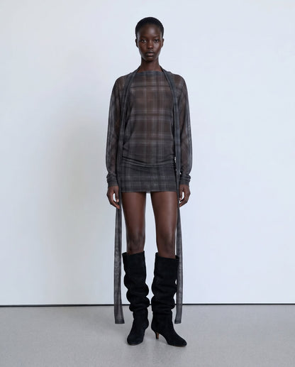 Sheer grey checked mini dress