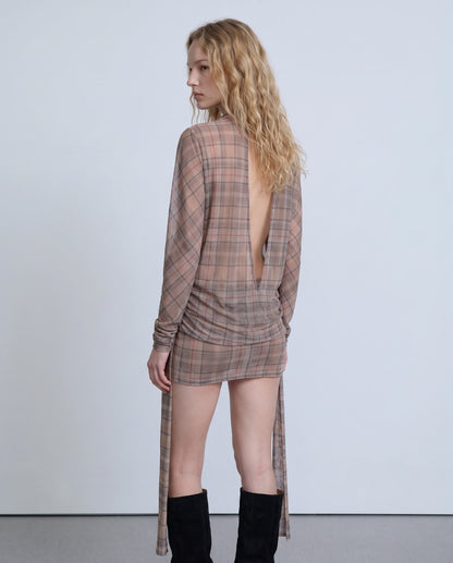 Sheer beige checked mini dress