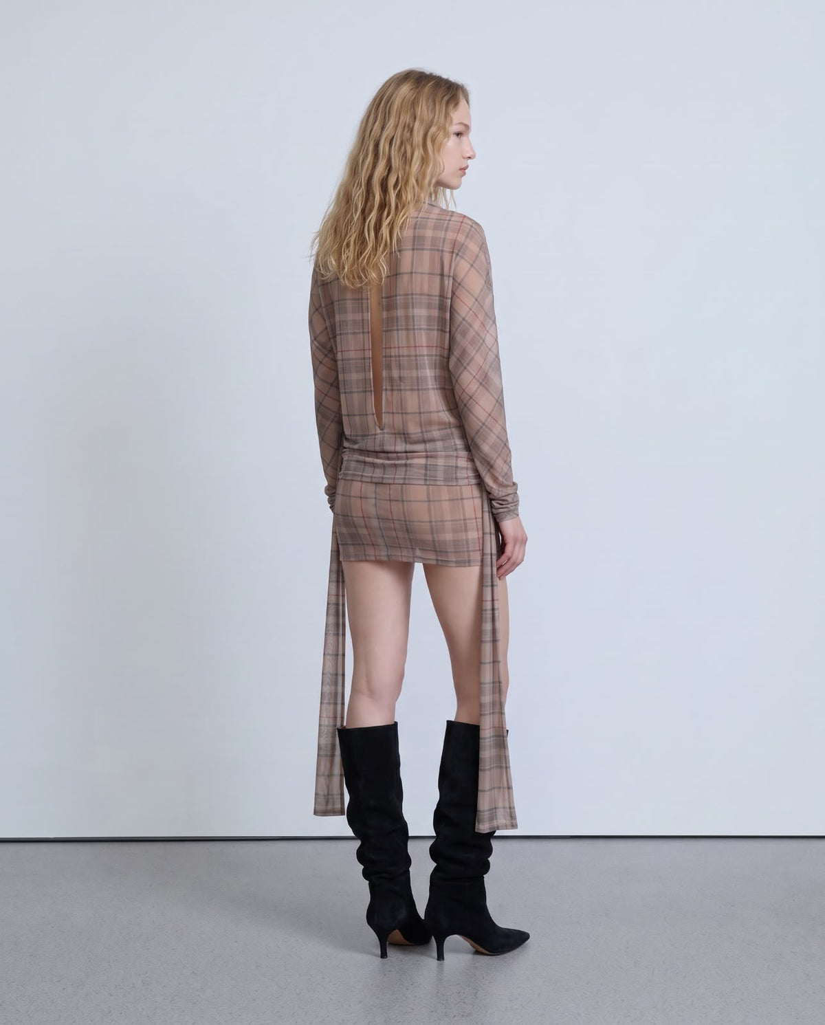 Sheer beige checked mini dress