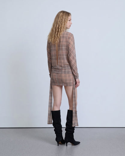 Sheer beige checked mini dress