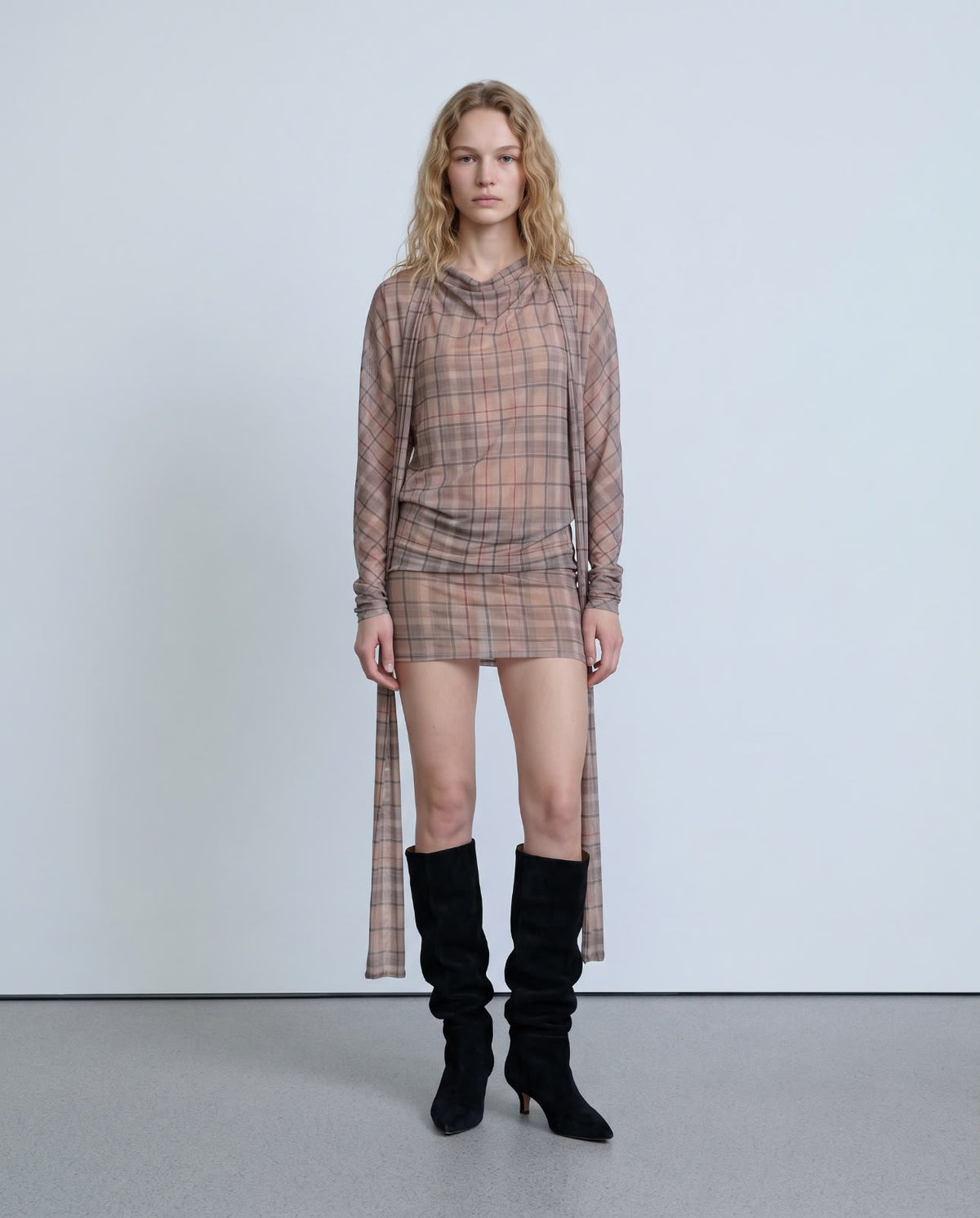 Sheer beige checked mini dress