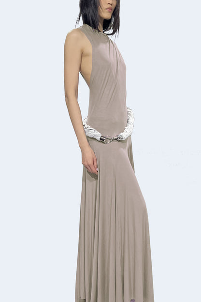 Beige Asymmetrical Knit Long Dress