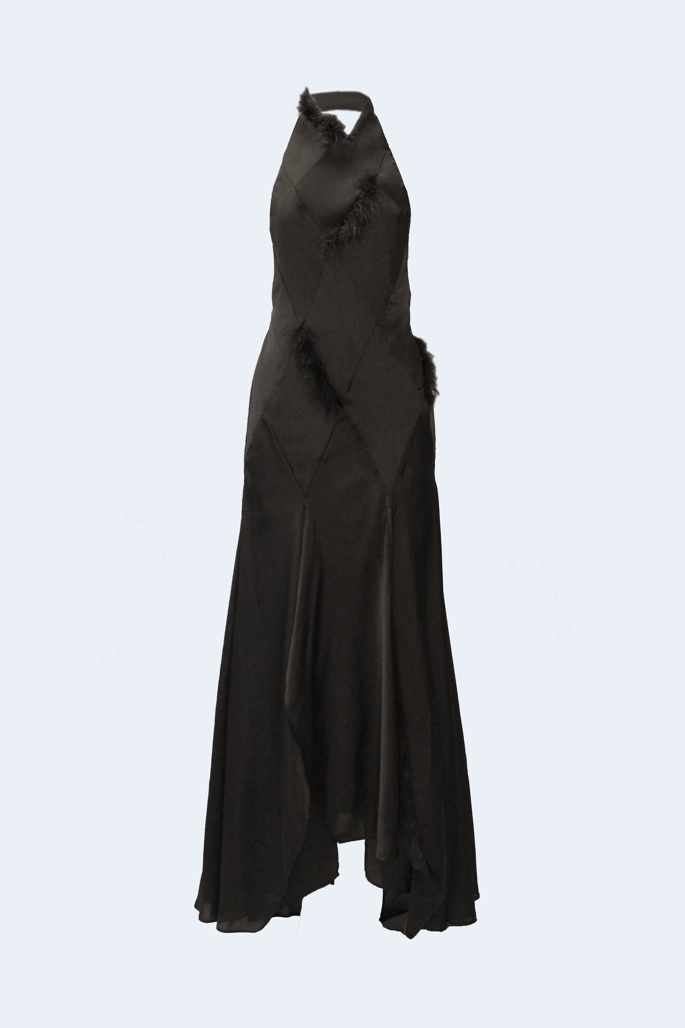 Black Satin Rhomb Dress with feathers