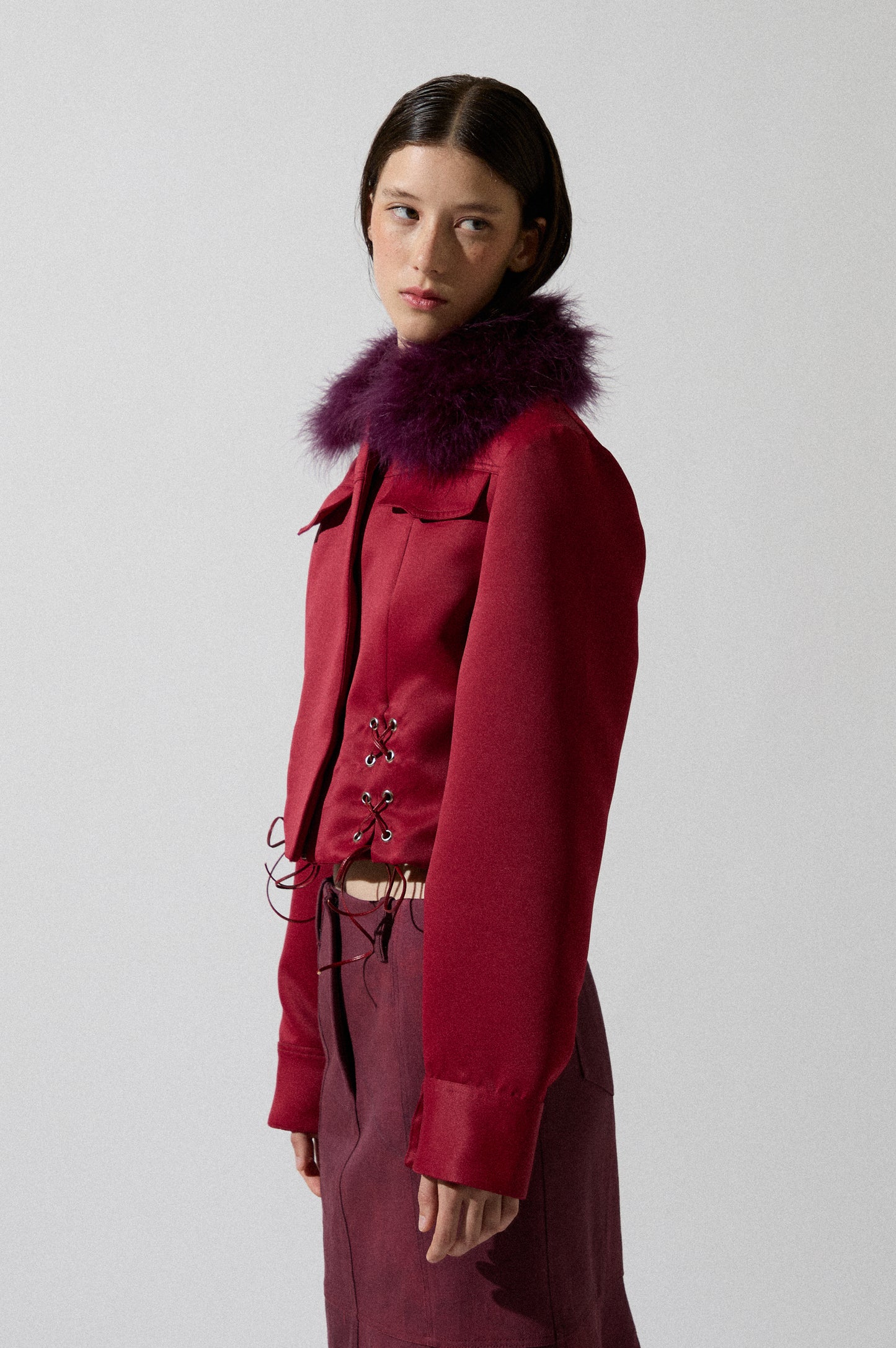Semi-satin Cherry Jacket with Feather Collar