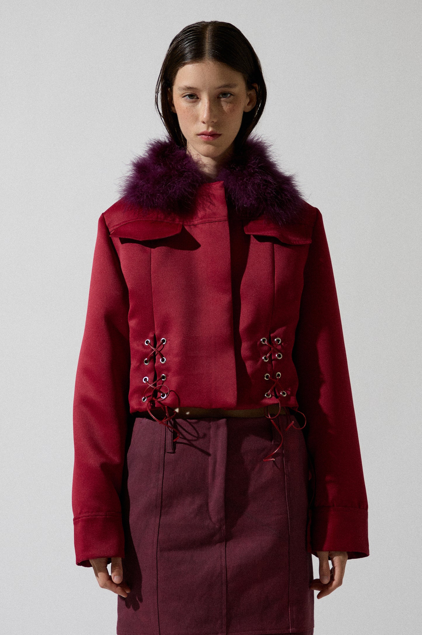 Semi-satin Cherry Jacket with Feather Collar