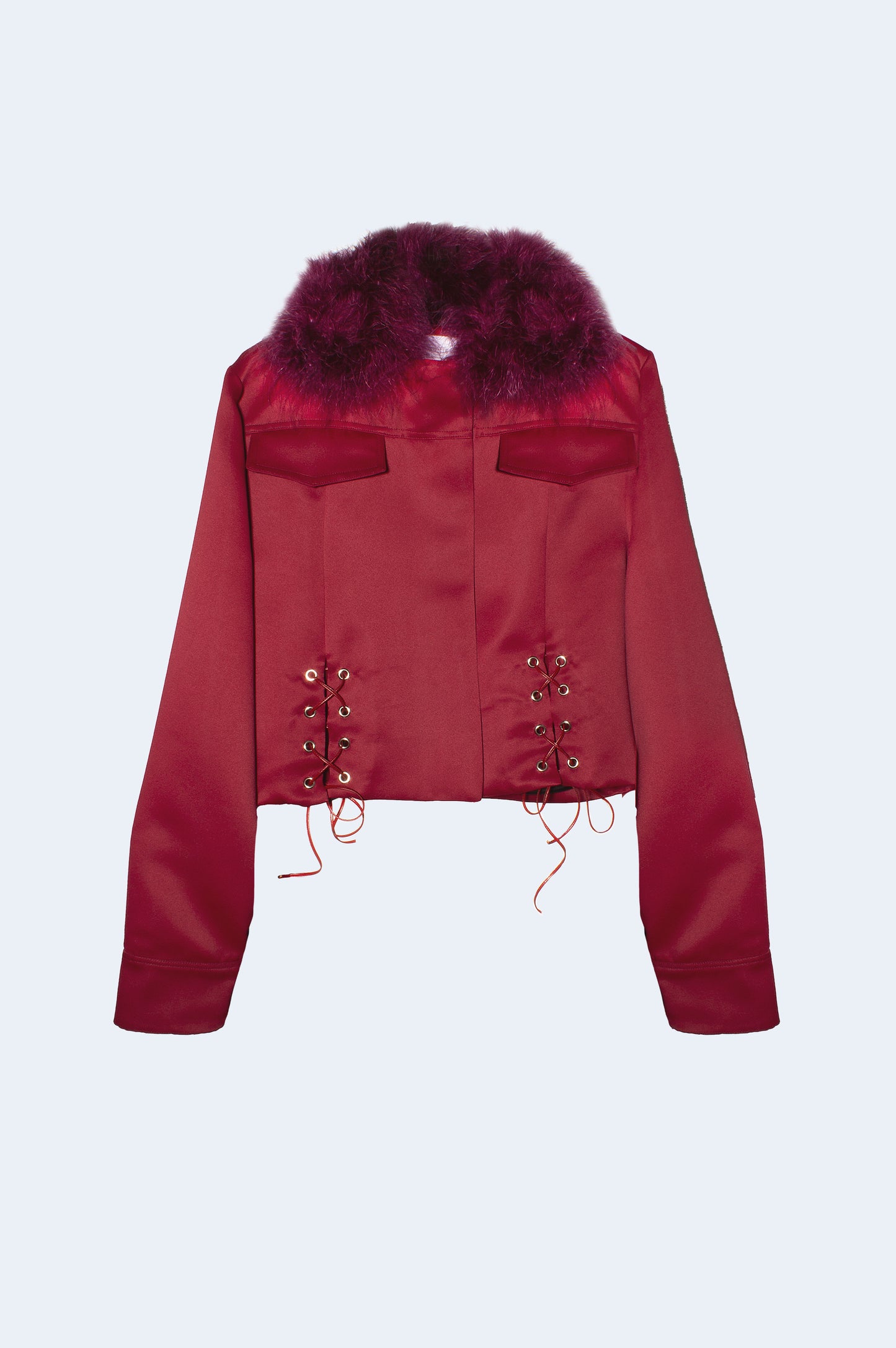 Semi-satin Cherry Jacket with Feather Collar