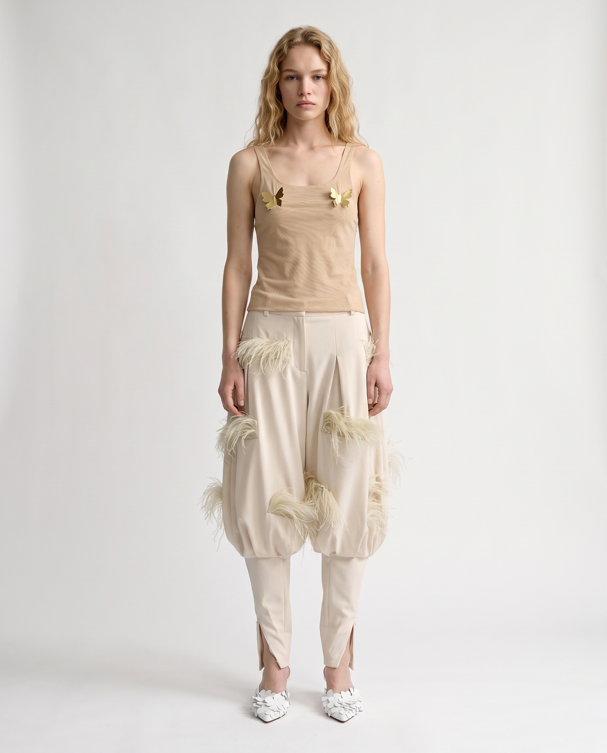 Ecru tulle top  with metallic butterflies