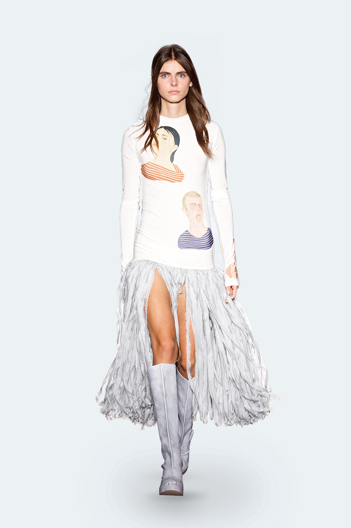 Face Print Dress With Silk Fringes