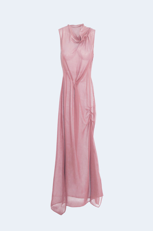 Vestido Gasa Rosa Con Frunces